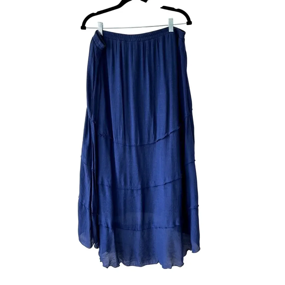 Tiered Hi-Lo Boho Maxi Skirt Plus Size 1X Blue Flowy‎ Festival Coastal Cowgirl